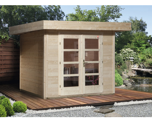 Gartenhaus weka Designhaus 126 Gr.3 mit Fußboden 356 x 375 cm natur Holzgartenhaus mit Doppeltür und Flachdach auf einer Holzterrasse