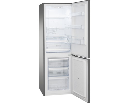 Geöffneter Kühlschrank mit Gefrierfach und mehreren Ablagefächern.