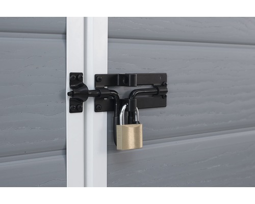 Schlossriegel mit Vorhängeschloss an einer Gartentür