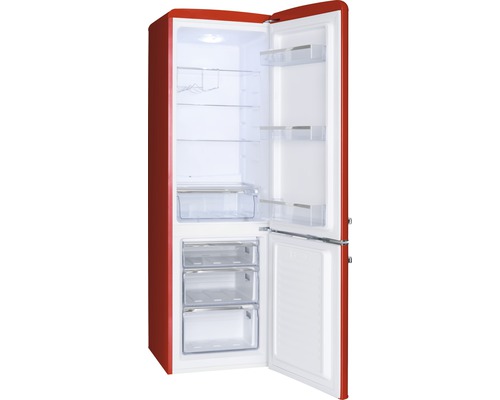 Geöffneter, freistehender Kühl- und Gefrierschrank mit Regalen und Schubladen