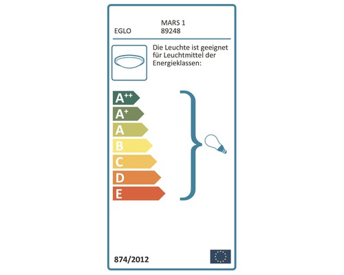 Energielabel der Leuchte EGLO MARS 1 89248. Geeignet für Leuchtmittel der Energieklassen A++ bis E.