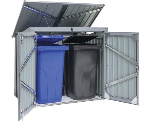 Mülltonnenbox mit zwei Mülltonnen mit geöffneten Türen und geöffnetem Deckel