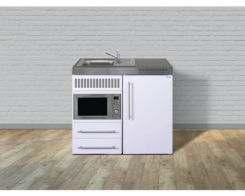 Miniküche Stengel Premiumline MPM100 100x60 cm Becken links weiß glänzend Kompakte Küchenzeile mit Spüle, Mikrowelle, Kühlschrank und Schubladen