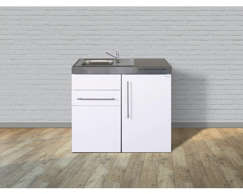 Miniküche Stengel Premiumline MP100S 100x60 cm Becken links weiß glänzend Waschbeckenunterschrank mit Spüle, Schubladen und Tür