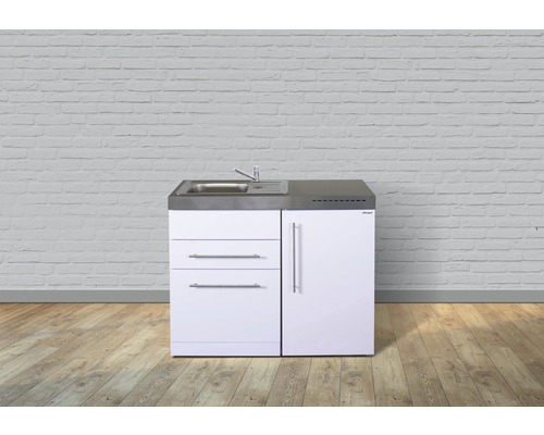 Miniküche Stengel Premiumline MPGS110 110x60 cm Becken links weiß glänzend Waschtischunterschrank mit Waschbecken, Armatur, Schubladen und Tür für das Badezimmer