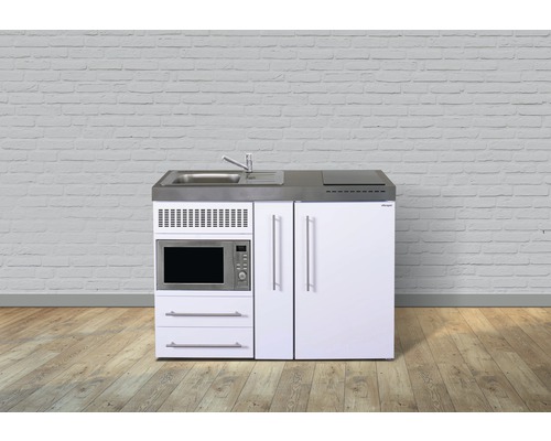 Miniküche Stengel Premiumline MPM120A 120x60 cm Becken links weiß glänzend mit Glaskeramikkochfeld und Touchsteuerung
