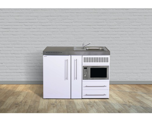 Miniküche Stengel Premiumline MPM120A 120x60 cm Becken links weiß glänzend Kompakte Küchenzeile mit Spüle, Mikrowelle und Kühlschrank