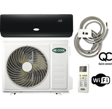Klimaanlage mit Außengerät, Fernbedienung, Anschlusskabel und WiFi-Symbol