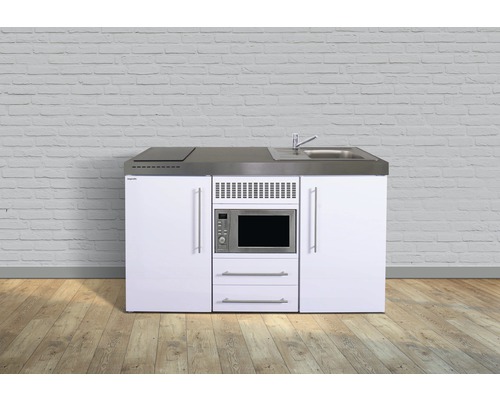 Miniküche Stengel Premiumline MPM150 150x60 cm Becken rechts weiß glänzend mit Glaskeramikkochfeld und Touchsteuerung