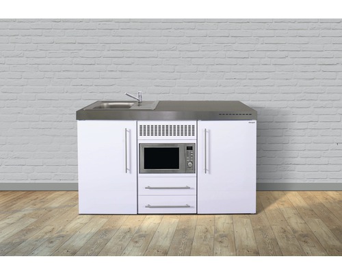 Miniküche Stengel Premiumline MPM150 150x60 cm Becken links weiß glänzend Kompakte Pantryküche mit Spüle, Mikrowelle und Schränken