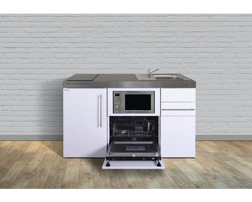 Miniküche Stengel Premiumline MPGSM150 150x60 cm Becken rechts weiß glänzend mit Glaskeramikkochfeld und Touchsteuerung-0