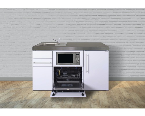 Miniküche Stengel Premiumline MPGSM150 150x60 cm Becken links weiß glänzend Küchenzeile mit Spüle, Mikrowelle und Geschirrspüler