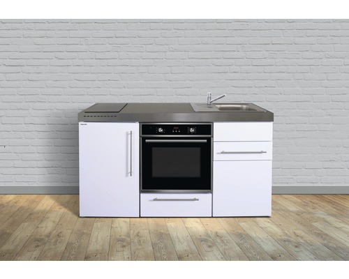 Miniküche Stengel Premiumline MPB160 160x60 cm Becken rechts weiß glänzend mit Glaskeramikkochfeld und Touchsteuerung