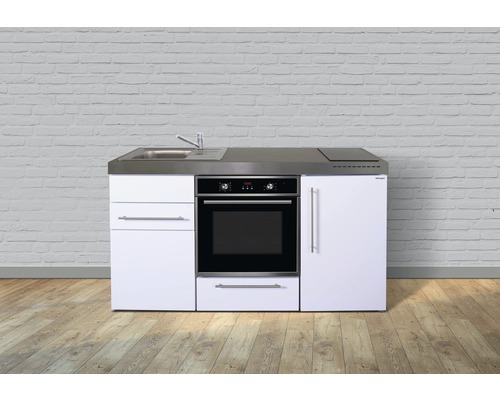 Miniküche Stengel Premiumline MPB160 160x60 cm Becken links weiß glänzend mit Glaskeramikkochfeld und Touchsteuerung