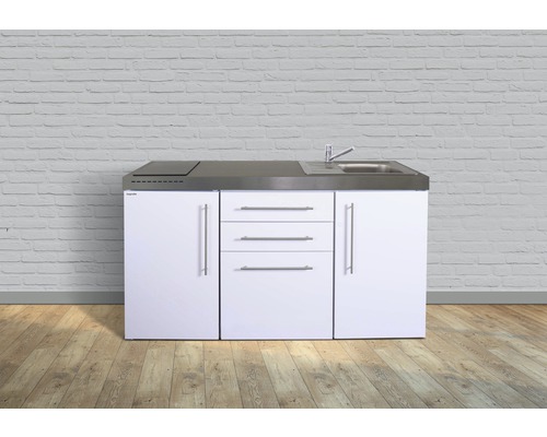 Miniküche Stengel Premiumline MPGS160 160x60 cm Becken rechts weiß glänzend mit Glaskeramikkochfeld und Touchsteuerung