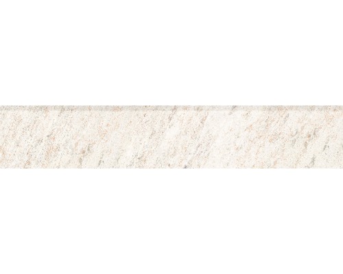 Feinsteinzeug Sockelfliese Quarzite Blanco 8x45 cm weiß beige Nahaufnahme einer Granitoberfläche