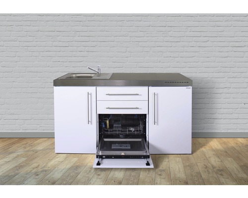 Miniküche Stengel Premiumline MPGS160 160x60 cm Becken links weiß glänzend Küchenzeile mit Spüle, Arbeitsplatte, Schubladen, Schrank und Geschirrspüler