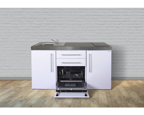 Miniküche Stengel Premiumline MPGS160 160x60 cm Becken links weiß glänzend mit Induktionskochfeld und Touchsteuerung