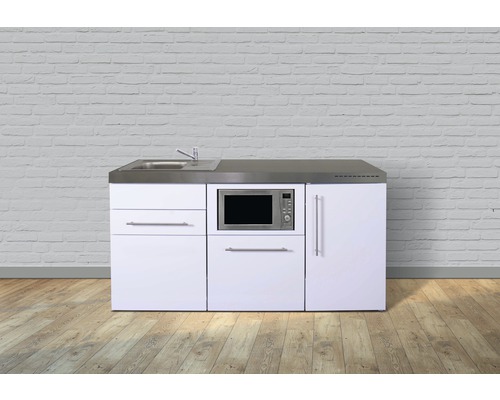 Miniküche Stengel Premiumline MPM170 170x60 cm Becken links weiß glänzend Kompakte Küchenzeile mit Spüle, Mikrowelle und Schränken
