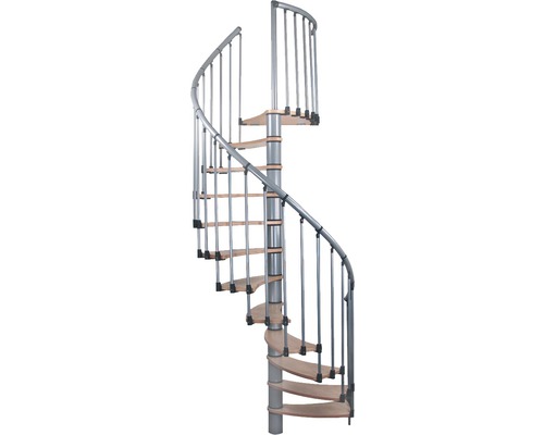 Wendeltreppe mit Holzstufen und Metallgeländer