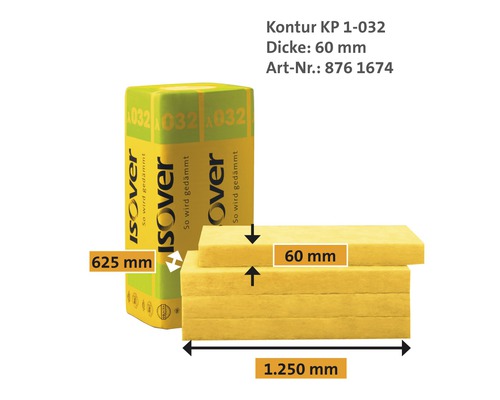 Isover Dämmstoff Kontur KP 1-032, 60 mm dick, mit Verpackung und Maßangaben