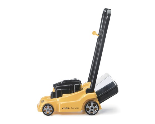 Gelber Spielzeug-Rasenmäher aus Kunststoff mit schwarzen Akzenten