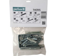 Perlura Theris Sortiment in transparenter Verpackung mit Winkeln, Schrauben, Muttern und Dübeln