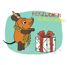 Illustration einer Maus mit Partyhut und Geschenk mit der Aufschrift Herzlichen Glückwunsch