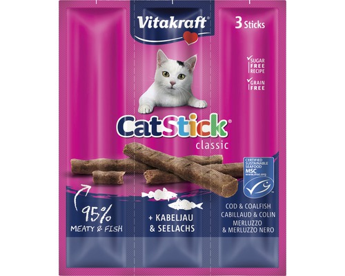 Katzensnack VITAKRAFT Cat Stick Kabeljau und Thunfisch 3 Stück Vitakraft CatStick Classic mit Kabeljau und Seelachs, 3 Stück