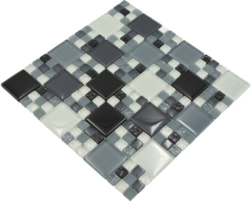 Mosaikfliese mit quadratischen Glassteinen in Grau, Schwarz und Weiß