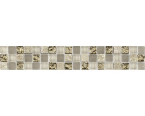 Glas Fliesenbordüre mit Naturstein 4,8x29,8 cm creme beige Mosaikfliesen-Matte mit quadratischen Steinen in verschiedenen Optiken