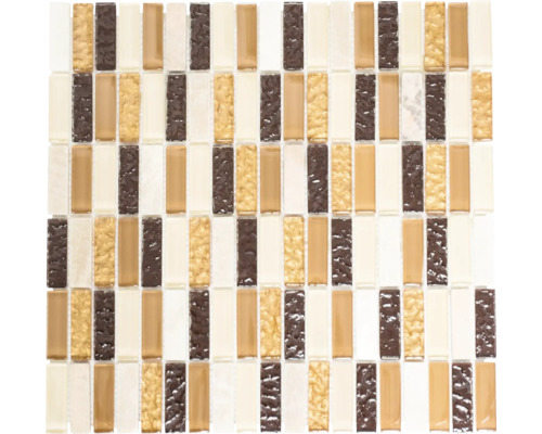 Glasmosaik mit Naturstein XCM SM83 31,0x32,2 cm beige braun Mosaikfliese mit rechteckigen Elementen in unterschiedlichen Farbtönen