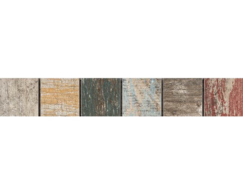 Keramik Fliesenbordüre Woodstock Antik 3 4,8x29,8 cm blau beige grün Dekorative Holzpaneele mit unterschiedlichen Oberflächenstrukturen