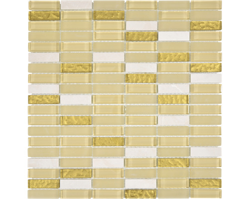 Glasmosaik mit Naturstein XCM SM91 31,0x32,2 cm beige gold weiß Mosaikfliese aus Glas und Naturstein