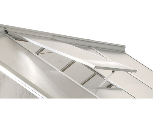 Dachfenster Vitavia Triton ohne Glas 61,5x66,7 cm aluminium Detailansicht eines Gewächshauses mit geöffnetem Fenster zur Belüftung