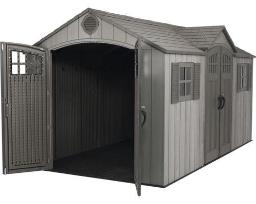 Geräumiges Gerätehaus mit Doppeltüren und Fenstern