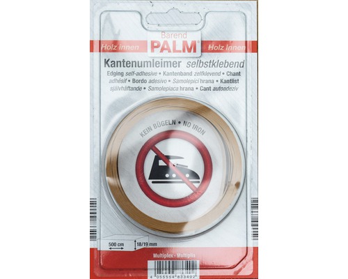 Kantenumleimer selbstklebend Multiplex 0,3x19x5000 mm Selbstklebender Kantenumleimer der Marke Barend Palm für den Innenbereich, 18/19 mm breit und 500 cm lang, Hinweis: Kein Bügeln