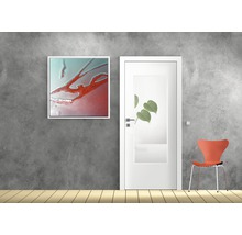 Innenraum mit Wandbild, Innentür mit Glaseinsatz und Stuhl