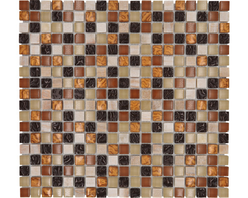 Glasmosaik mit Naturstein XCM M830 32,2x30,5 cm beige braun Mosaikfliese mit quadratischen Steinen in verschiedenen Braun- und Beigetönen