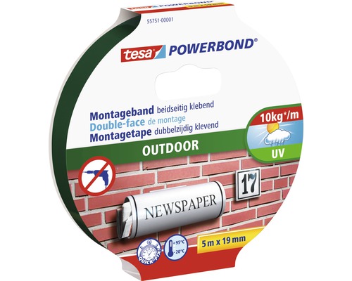 Montageband Tesa Powerbond Outdoor grün 19 mm x 5 m Tesa Powerbond Outdoor Montageband, 5 m x 19 mm, beidseitig klebend