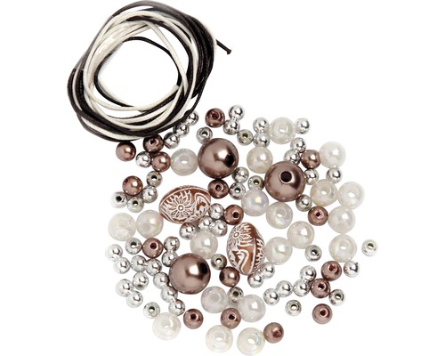 Perlen-Set mit Kordel braun-weiß-silber