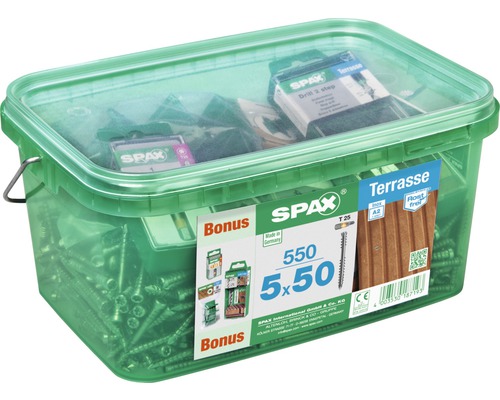 Spax Terrassenschraube, Zylinderkopf T25, Fixiergewinde, 5x50 mm, 550 Stück Spax Terrassenschrauben 5x50 Millimeter, 550 Stück im Eimer
