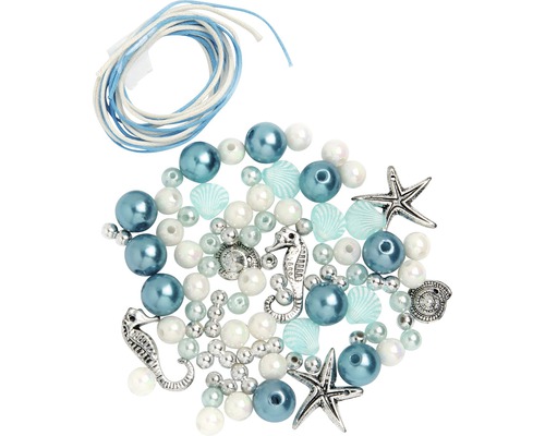 Perlen-Set mit Kordel weiß-silber-türkis