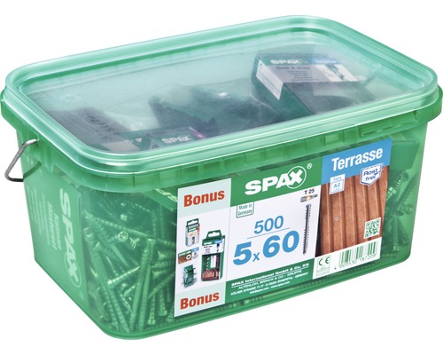 Spax Terrassenschraube, Zylinderkopf T25, Fixiergewinde, 5x60 mm, 500 Stück Spatz Terrassenschrauben im Eimer, 5 mal 60 Millimeter