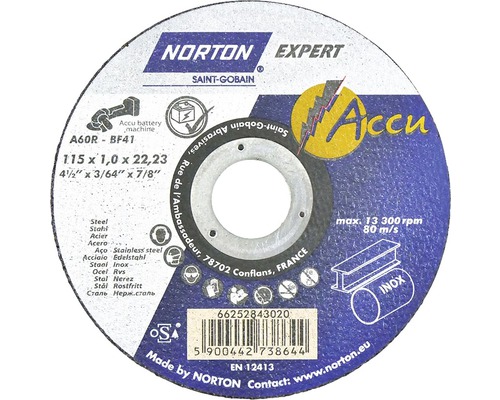 Norton Expert Trennscheibe, 115 x 1,0 x 22,23 Millimeter, geeignet für Akku-Maschinen