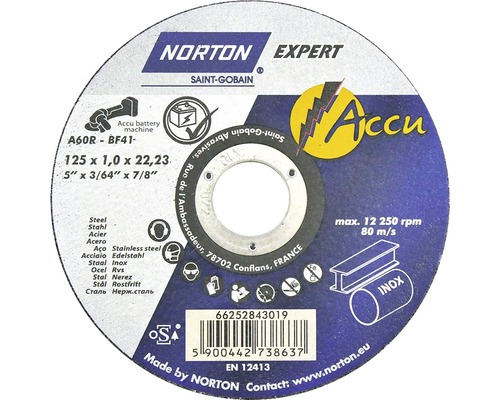 Norton Expert Trennscheibe mit den Maßen 125 x 1,0 x 22,23 Millimeter für Akku-Maschinen