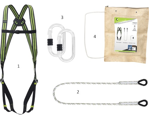 Klettergurt-Set bestehend aus Auffanggurt, Verbindungsmittel, Karabiner und Packsack