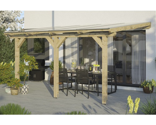Terrassenüberdachung SKAN HOLZ Andria 434x350 cm natur Holzpergola mit Tisch und Stühlen auf einer Terrasse