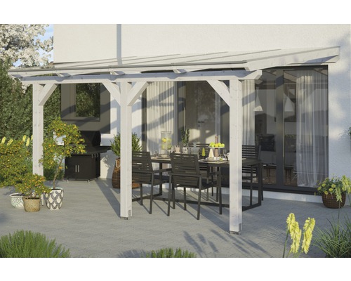 Terrassenüberdachung SKAN HOLZ Andria 434x350 cm weiß Überdachte Terrasse mit Holzbalkenkonstruktion, Gartentisch und Grill