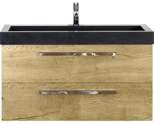 Waschbeckenunterschrank Sanox Seville 58x101x45,5 cm mit Natursteinwaschbecken eiche Waschtischunterschrank mit zwei Schubladen, Waschbecken und Armatur